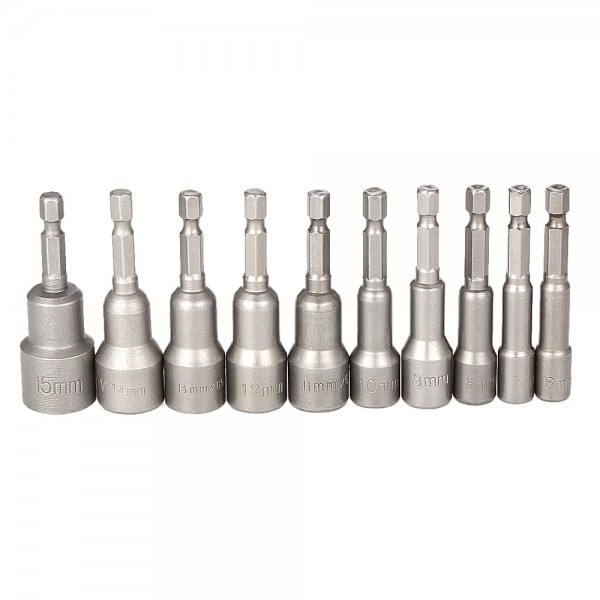 10pcs 6-15mm Pneumatic Strong Power Magnetic Nut Driver Drill Bits Set 65mm 1/4" Hex Shank Metric Socket Wrench Screw