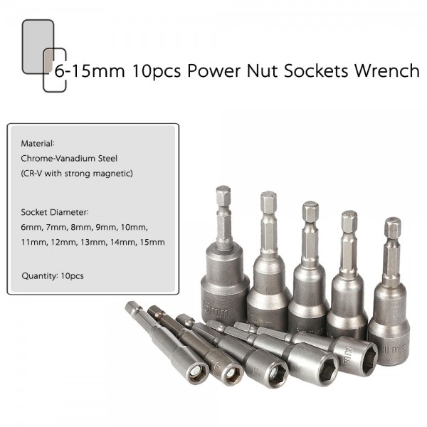 10pcs 6-15mm Pneumatic Strong Power Magnetic Nut Driver Drill Bits Set 65mm 1/4" Hex Shank Metric Socket Wrench Screw