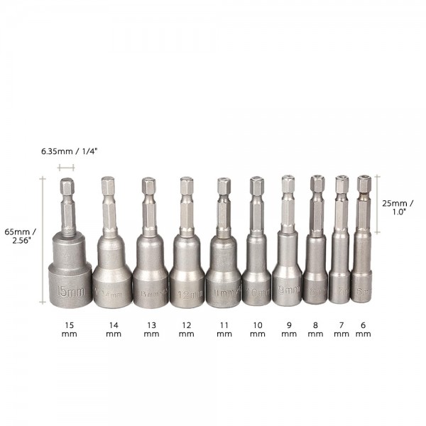 10pcs 6-15mm Pneumatic Strong Power Magnetic Nut Driver Drill Bits Set 65mm 1/4" Hex Shank Metric Socket Wrench Screw