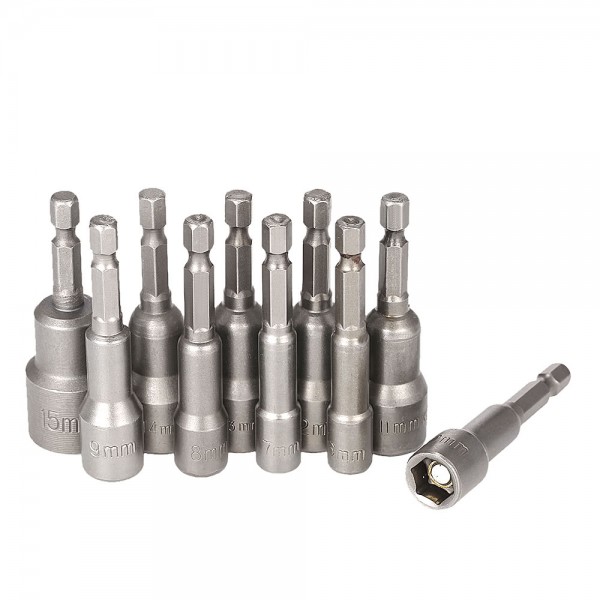 10pcs 6-15mm Pneumatic Strong Power Magnetic Nut Driver Drill Bits Set 65mm 1/4" Hex Shank Metric Socket Wrench Screw