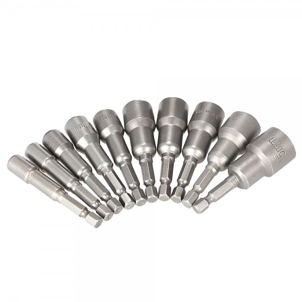 10pcs 6-15mm Pneumatic Strong Power Magnetic Nut Driver Drill Bits Set 65mm 1/4" Hex Shank Metric Socket Wrench Screw