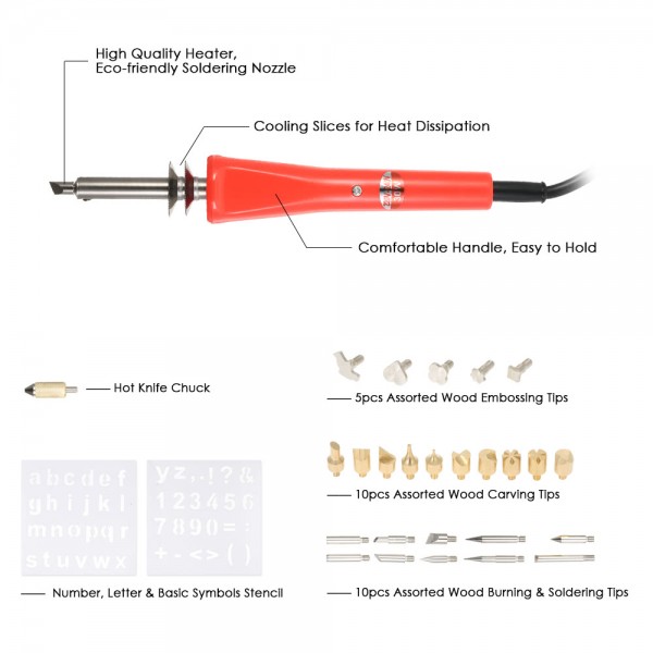 220-240V 30W 28PCS Electric Soldering Iron Wood Burning Kit Wood Working Stencil Hobby Craft Set High Quality Pyrography Tool Wood Burning/Engraving/Carving/Embossing/Flipping Word & Soldering Tips