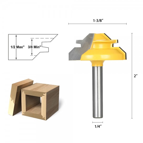 45° 1/2" Stock Max 3/8" Min 1/4" Shank 1-3/8" Tool Bit Small Lock Miter Router Bit Woodworking Tools