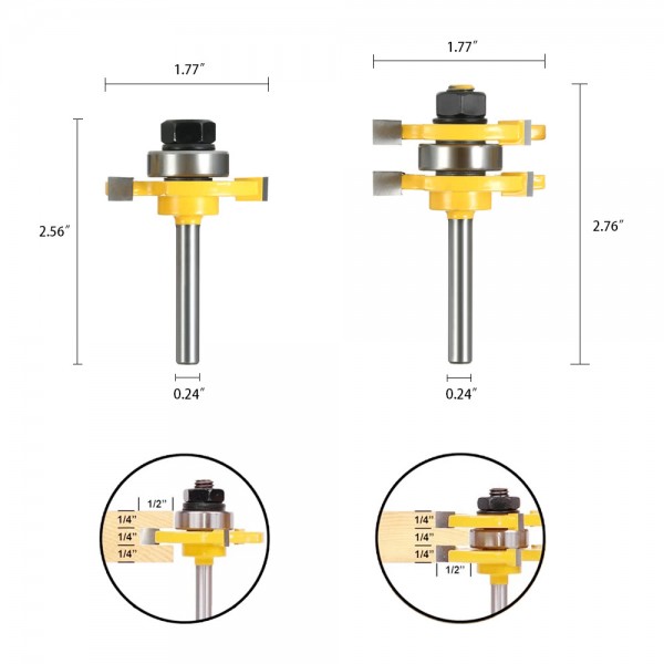 2PCS 3/4" Stock 1/4" Shank Tongue & Groove Router Bit Set 3 Teeth T-shape Wood Milling Cutter For Woodworking Tools