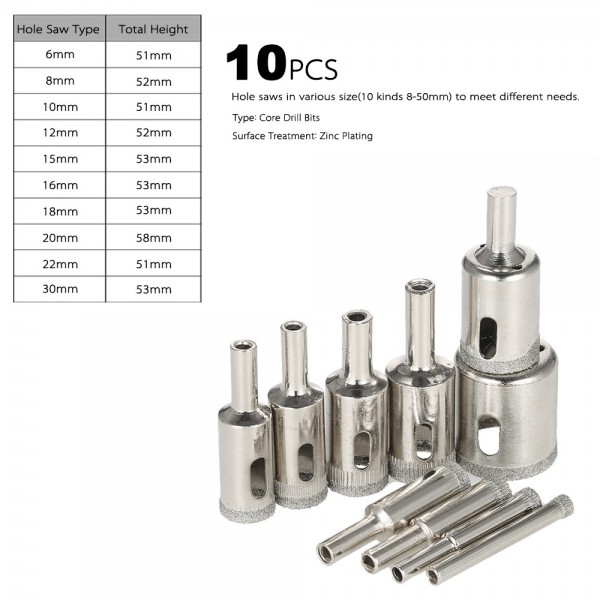 10PCS 6-30mm Glass Hole Saw Kit Diamond Coated Core Hole Saw Marble Drill Bit Tile Ceramic Glass Porcelain Drilling