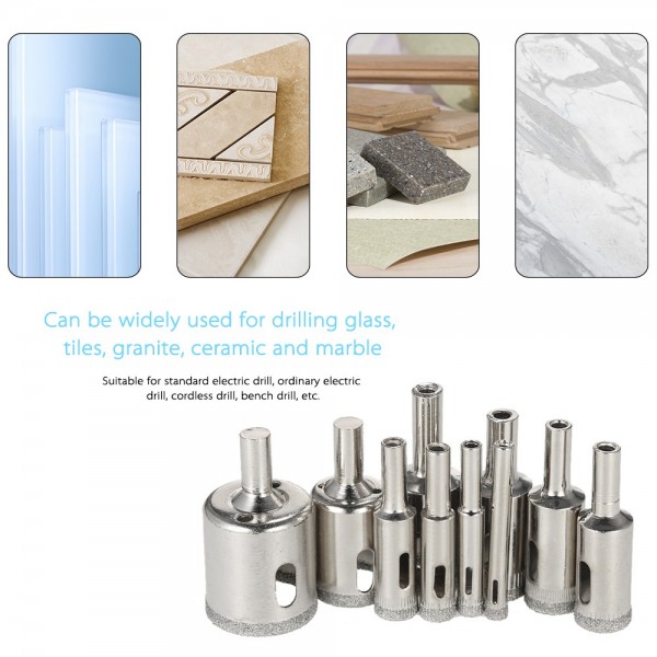 10PCS 6-30mm Glass Hole Saw Kit Diamond Coated Core Hole Saw Marble Drill Bit Tile Ceramic Glass Porcelain Drilling