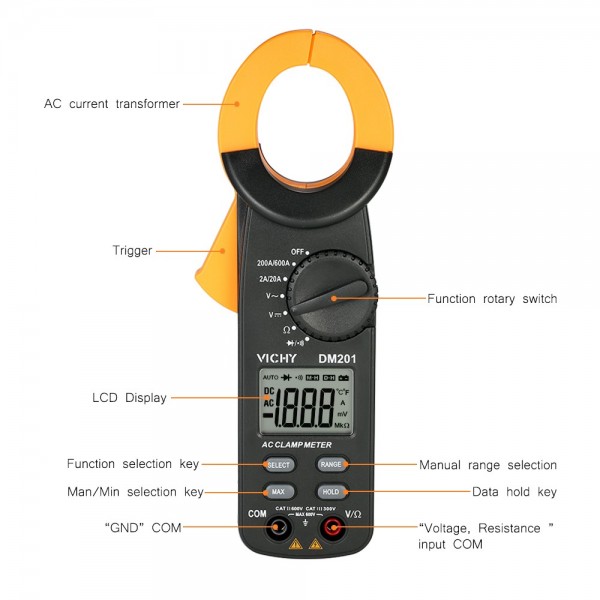  1999 Counts Digital Clamp Meter AC/DC Voltage AC Current Auto Range Portable Handheld LCD Display Auto-ranging Clamp Multimeter Resistance Diode Tester