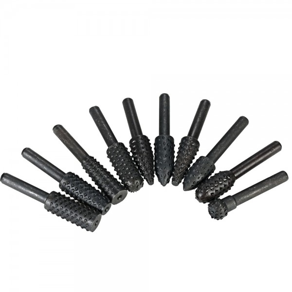 10pcs Rotary Files Rasp Set 6mm Shank Carbon Steel Carbide Milling Cutter Rotary File Burr Tool Woodworking Carving Bits Grinding Accessories