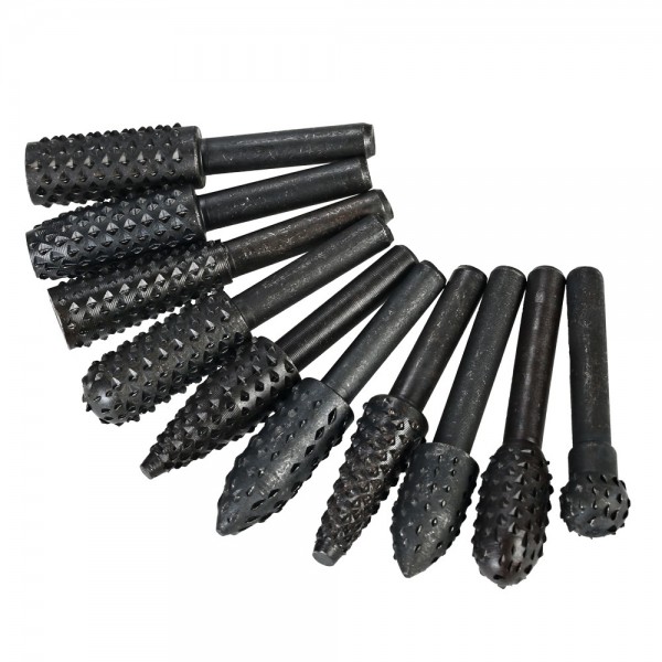 10pcs Rotary Files Rasp Set 6mm Shank Carbon Steel Carbide Milling Cutter Rotary File Burr Tool Woodworking Carving Bits Grinding Accessories