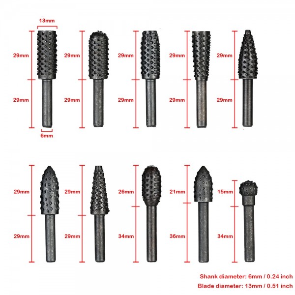 10pcs Rotary Files Rasp Set 6mm Shank Carbon Steel Carbide Milling Cutter Rotary File Burr Tool Woodworking Carving Bits Grinding Accessories