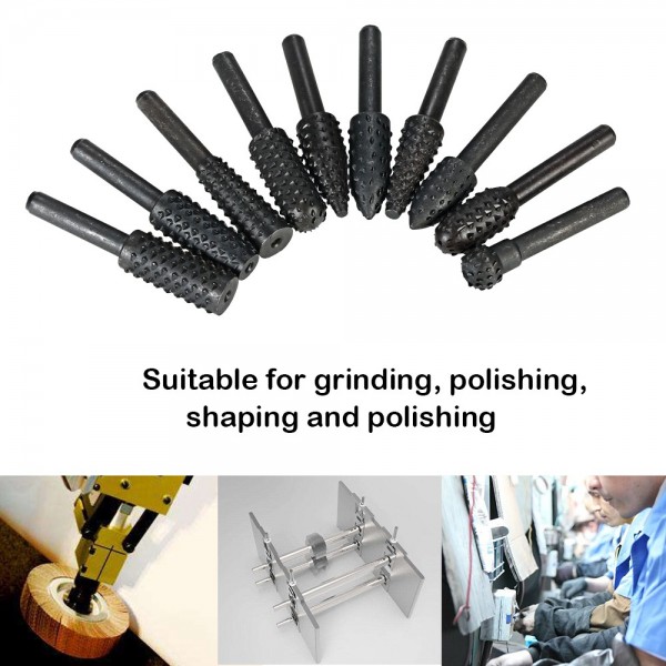 10pcs Rotary Files Rasp Set 6mm Shank Carbon Steel Carbide Milling Cutter Rotary File Burr Tool Woodworking Carving Bits Grinding Accessories