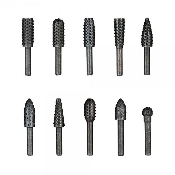 10pcs Rotary Files Rasp Set 6mm Shank Carbon Steel Carbide Milling Cutter Rotary File Burr Tool Woodworking Carving Bits Grinding Accessories