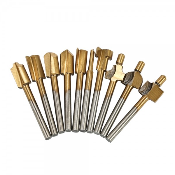 10pcs Router Bit Titanium Coated HSS Cutter with 3mm 1/8" Shank Burr Rotary File Wood Milling Cutters Tool Carpenter Woodworking Tools