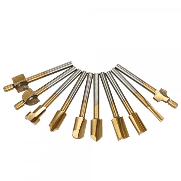 10pcs Router Bit Titanium Coated HSS Cutter with 3mm 1/8" Shank Burr Rotary File Wood Milling Cutters Tool Carpenter Woodworking Tools