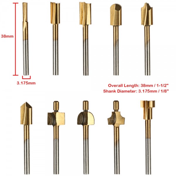 10pcs Router Bit Titanium Coated HSS Cutter with 3mm 1/8" Shank Burr Rotary File Wood Milling Cutters Tool Carpenter Woodworking Tools