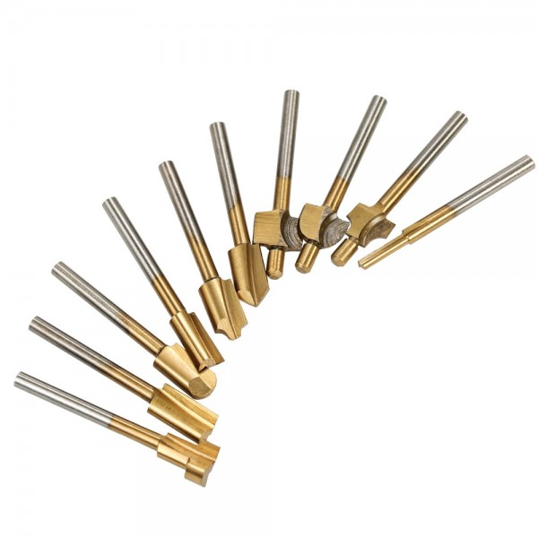 10pcs Router Bit Titanium Coated HSS Cutter with 3mm 1/8" Shank Burr Rotary File Wood Milling Cutters Tool Carpenter Woodworking Tools