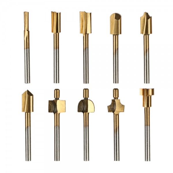 10pcs Router Bit Titanium Coated HSS Cutter with 3mm 1/8" Shank Burr Rotary File Wood Milling Cutters Tool Carpenter Woodworking Tools