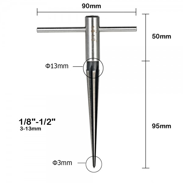 Taper Reamer 1/8"-1/2" 3-13mm Bridge Pin Hole Tapered Hand Held Reamer T Handle 6 Fluted Chamfer Reaming Woodworking Cutting Tool