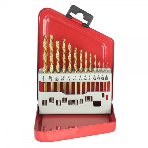 13pcs Left Handed Drill Bit Set M2 HSS with Titanium Nitride Coating (1/16" - 1/4")