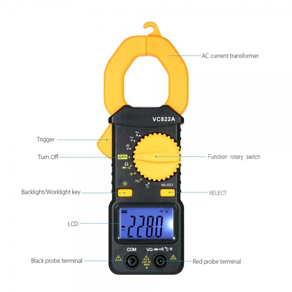 Digital Clamp Meter 4000 Counts Auto-ranging AC/DC Voltage AC Current Portable Handheld Multimeter w/ Backlight LCD Diaplay Measuring Capacitance Resistance Frequency Continuity Diode Temperature Hz Tester